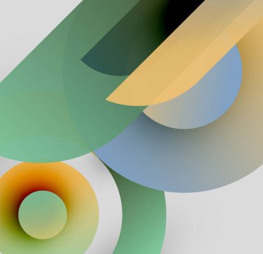Soyut kompozisyon. Üst üste binen daireler, dikdörtgenler yumuşak eğimler oluşturur. Renkler arasında yeşil, sarı, mavi, siyah var. Minimalist tasarım.