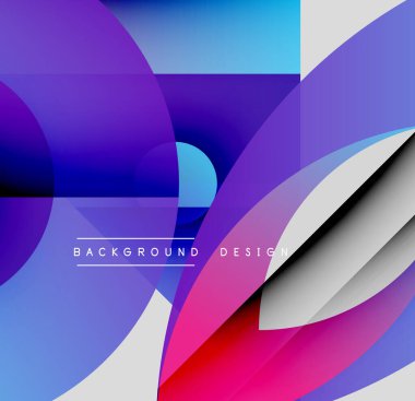 Soyut geometrik şekiller çakışıyor. Canlı mor, mavi, pembe renkler dinamik kompozisyon yaratır. Modern tasarım elementleri parlak görsel deneyim sunar.