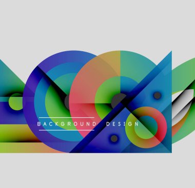 Soyut renkli şekiller çakışıyor. Daireler, dikdörtgenler dinamik bileşim oluşturur. Modern tasarım elementleri canlı görsel deneyim sunar.