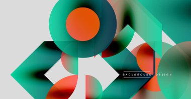 Soyut geometrik bileşim. Üst üste binen şekiller, canlı renkler, modern tasarım elementleri dinamik görsel deneyim yaratır.