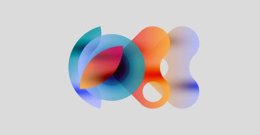 Soyut renkli şekiller örtüşür, dinamik görsel efekt yaratır. Yumuşak eğimler akıcılık, hareket, modern tasarım.