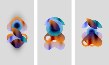 Soyut sanat eserleri. Üç panel bulanık, renkli şekilleri gösteriyor. Turuncu, mavi, mor renkler yavaşça harmanlanır. Minimalist tasarım, modern estetik.