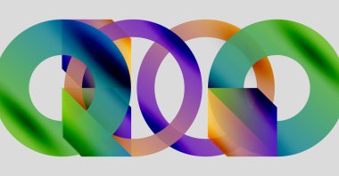 Soyut renkli halkalar örtüşür, dinamik görsel efekt yaratır. Gradyan gölgeler düzgün bir şekilde harmanlanarak modern tasarım ögesini oluşturur.