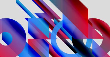 Soyut kompozisyon. Üst üste binen şekiller, canlı renkler, dinamik eğimler modern görsel deneyimler yaratır. Kırmızı, mavi egemen.