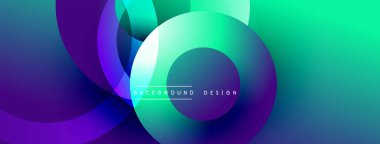 Soyut eğimler üst üste binen çemberler oluşturur. Canlı maviler, morlar, yeşiller dinamik görsel efektler yaratır. Modern tasarım ögesi.