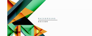 Soyut geometrik şekiller örtüşür, dinamik bileşim yaratır. Turuncu, yeşil, siyah renkler beyaz alana karşı sol tarafa hükmediyor. Arka planlar için modern tasarım ögesi.