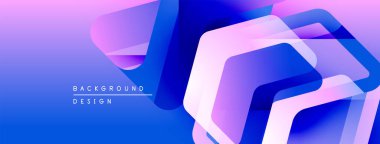 Soyut geometrik şekiller örtüşür, parlak mavi ve mor renkler yaratır. Modern tasarım elementleri teknoloji ve yenilik öneriyor. Yumuşak geçişler bileşimi tanımlar.