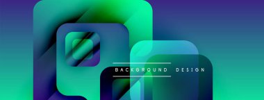 Soyut geometrik şekiller örtüşür, canlı gradyanlar yaratır. Mavi, yeşil renkler tasarıma egemen, modern estetik.
