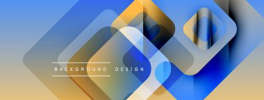 Soyut geometrik şekiller çakışıyor. Mavi, turuncu, sarı renkler modern tasarım yaratır. Gradyan arka plan derinlik ve görsel ilgi ekler.