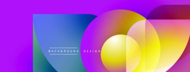 Soyut, enerjik bir arkaplan. Üst üste binen daireler rengarenk eğimler yaratır. Mor, sarı, mavi renkler dizaynın baskın renkleri. Modern estetik.