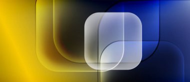 Soyut kompozisyon. Üst üste binen dikdörtgenler, sarı, mavi renkler. Parlak gradyanlar, pürüzsüz geçişler, modern tasarım elementleri. Minimalist estetik.