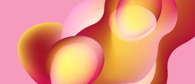 Soyut şekiller üst üste binerek sıcak renk değişimleri yaratıyor. Pembe arka plan turuncu ve sarı renkleri tamamlar. Yumuşak geçişler sıvı formlarını tanımlar.