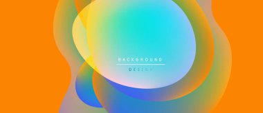 Soyut renkli şekiller örtüşüyor, canlı gradyanlar yaratıyor. Turuncu arka plan mavi ve sarı renkleri tamamlıyor. Modern tasarım ögesi.