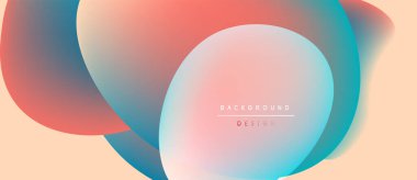 Soyut sıvı şekilleri örtüşür ve yumuşak renk değişimleri yaratır. Şeftali tonları, deniz mavisi aksanıyla arka planda baskın gelir. Minimalist tasarım unsurları.