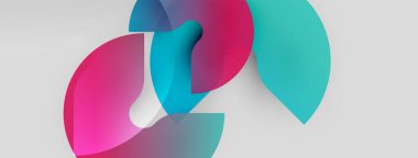 Soyut şekiller örtüşüyor, canlı pembe, mavi, turkuaz renkler yaratıyor. Minimalist tasarım, temiz arkaplan, modern estetik.