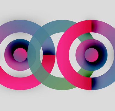 Soyut daireler örtüşüyor, canlı renk eğimleri yaratıyor. Tasarım pürüzsüz geçişler ve modern estetik içeriyor. Minimalist kompozisyon.