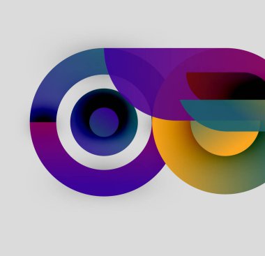 Soyut tasarım özellikleri üst üste binen renkli daireler, dinamik görsel efektler yaratır. Gradyan gölgeler derinliği arttırır, modern estetik.