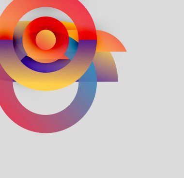 Soyut renkli daireler çakışıyor, dinamik görsel efekt yaratıyor. Gradyan renkler harmanlanarak modern kompozisyonu oluşturur. Basit arkaplan şekilleri geliştirir.