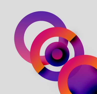 Soyut renkli daireler çakışıyor, dinamik görsel efekt yaratıyor. Gradyan tonları mor, pembe, turuncu renkler sunar. Minimalist tasarım.