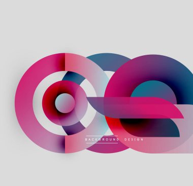 Soyut renkli daireler çakışıyor, dinamik görsel efekt yaratıyor. Gradyan gölgeler harmanlanarak modern tasarım elementi oluşturur. Minimalist stil.