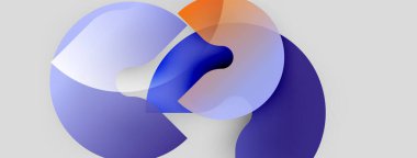 Soyut şekiller üst üste binerek sıvı formları oluşturur. Mavi, turuncu renkler nötr arka plana hakim. Modern tasarım, yumuşak gradyanlar mevcut.