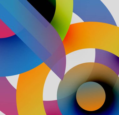 Soyut renkli şekiller örtüşür, dinamik görsel efekt yaratır. Parlak renkler harmanlanır, modern kompozisyonu oluşturur.