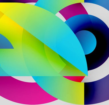 Soyut kompozisyon. Üst üste binen renkli kavisler dinamik görsel efekt yaratır. Parlak renkler harmanlanır, modern sanat eserleri oluşturulur.
