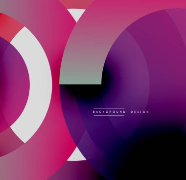 Üst üste binen daireler, üçgenler, gradyanlar içeren soyut kompozisyon. Canlı mor, pembe renkli modern tasarım. Minimalist estetik.