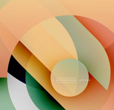 Soyut geometrik tasarım. Üst üste binen daireler dinamik ve renkli kompozisyon oluşturur. Yumuşak eğilimler, modern estetik. Arkaplan ögesi.