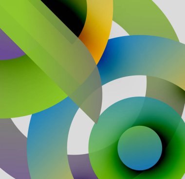 Soyut kompozisyon. Üst üste binen daireler canlı renk karışımları, gradyanlar, dinamik görsel efektler yaratır. Modern tasarım, pürüzsüz geçiş.