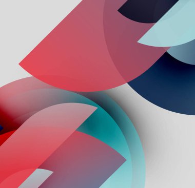 Soyut kompozisyon. Üst üste binen renkli çemberler dinamik görsel efekt yaratır. Kırmızı, mavi, deniz mavisi renkler dizaynda baskın. Minimalist stil.