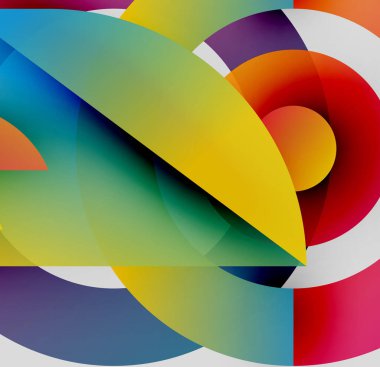 Soyut kompozisyon. Üst üste binen renkli kavisler dinamik görsel efekt yaratır. Parlak renkler harmanlanır, modern sanat eserleri oluşturulur.