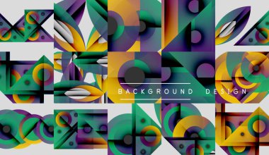 Soyut geometrik desenler görüntüye hakim. Canlı renkler harmanlanır, dinamik görsel doku oluşturur. Şekiller örtüşür, karmaşık bileşim oluşturur.