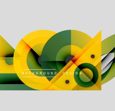 Soyut geometrik şekiller çakışıyor. Sarı, yeşil, siyah renkler dinamik bileşim yaratır. Arka planlar için modern tasarım ögesi.
