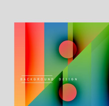 Soyut geometrik bileşim. Canlı gradyanlar, üst üste binen şekiller, daireler dinamik görsel efektler yaratır. Modern tasarım elemanları.