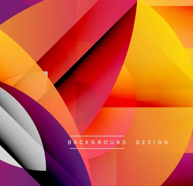 Soyut geometrik şekiller örtüşür, canlı gradyanlar yaratır. Sıcak renkler baskın, mor aksanlı. Modern tasarım elementleri dinamik bileşim sunar.