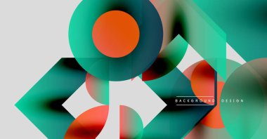 Soyut geometrik şekiller çakışıyor. Teal, turuncu, kırmızı renkler kompozisyona hakim. Modern tasarım elementleri dinamik görsel efekt yaratır.