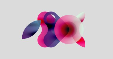 Soyut şekiller örtüşüyor, canlı pembeler, morlar, maviler yaratıyor. Yumuşak eğimler akıcılık, hareket ve modern tasarım estetiğini ortaya koyuyor..