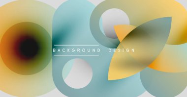 Soyut renkli şekiller örtüşür, dinamik görsel efekt yaratır. Yumuşak gradyanlar sarı, mavi ve turuncu renkleri harmanlarlar. Minimalist tasarım.