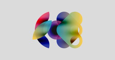 Soyut renkli şekiller örtüşüyor ve canlı bir görsel etki yaratıyor. Yumuşak gradyanlar renkleri karıştırır, dinamik bileşim oluşturur.