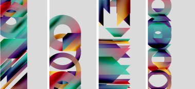 Soyut renkli şekiller, geometrik desenler, canlı gradyanlar. Modern tasarım elementleri dinamik görsel bileşim oluşturur.
