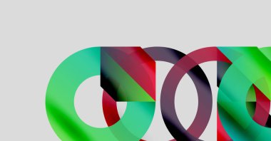 Üst üste binen renkli daireler içeren soyut bir kompozisyon. Yeşil, kırmızı, mor renkler dinamik görsel efekt yaratır. Minimalist tasarım.