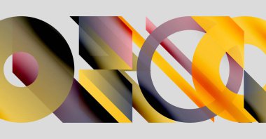 Soyut geometrik bileşim. Üst üste binen şekiller dinamik görsel efekt yaratır. Sıcak, serin renkler harmanlanır, modern tasarım oluşturulur.