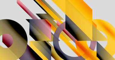 Soyut kompozisyon. Geometrik şekiller örtüşür, dinamik görsel efekt yaratır. Sıcak renkler baskın gelir, serin tonlarla zıtlaşır. Modern tasarım.