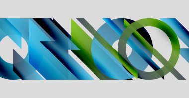 Soyut geometrik şekiller örtüşür, dinamik görsel kompozisyon yaratır. Maviler, yeşiller palete hakim, derinlik, hareket.