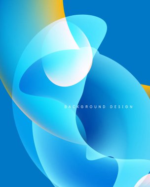 Soyut akışkan şekiller, canlı maviler, sarı aksanlar. Yumuşak gradyanlar dinamik görsel akış yaratır, modern tasarım ögesi.
