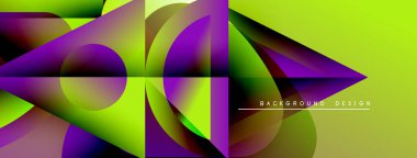 Soyut geometrik şekiller canlı renkleri harmanlarlar. Sarı, mor, yeşil dinamik bileşim oluşturur. Modern tasarım ögesi.
