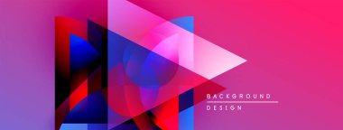 Soyut geometrik şekiller örtüşür, canlı gradyanlar yaratır. Pembe, mavi, kırmızı renkler tasarımda baskın. Modern estetik, temiz çizgiler sunar.