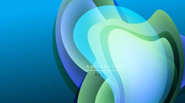 Soyut sıvı şekilleri mavi ve yeşillikleri harmanlıyor. Gradyan arkaplan derinlik yaratır, modern tasarım ögesi. Minimalist kompozisyon, canlı renkler.