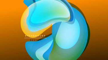 Soyut sıvı şekiller, canlı renklerin karışımı. Turuncu, mavi, yeşil renkler dinamik görsel etki yaratır. Modern tasarım ögesi.